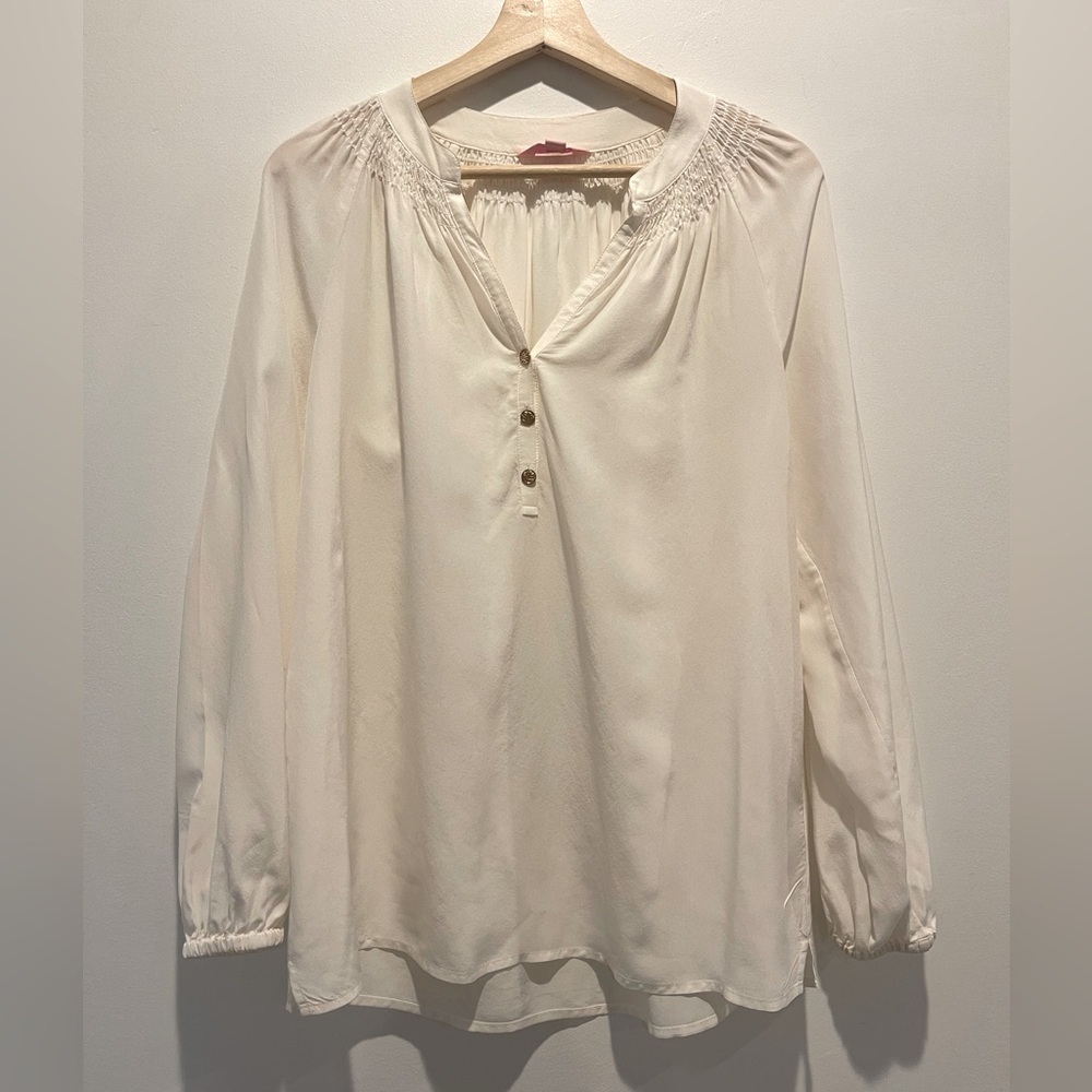 Lilly Pulitzer Cream 100% Silk Blouse with Bishop Sleeves Mandarin Collar size S